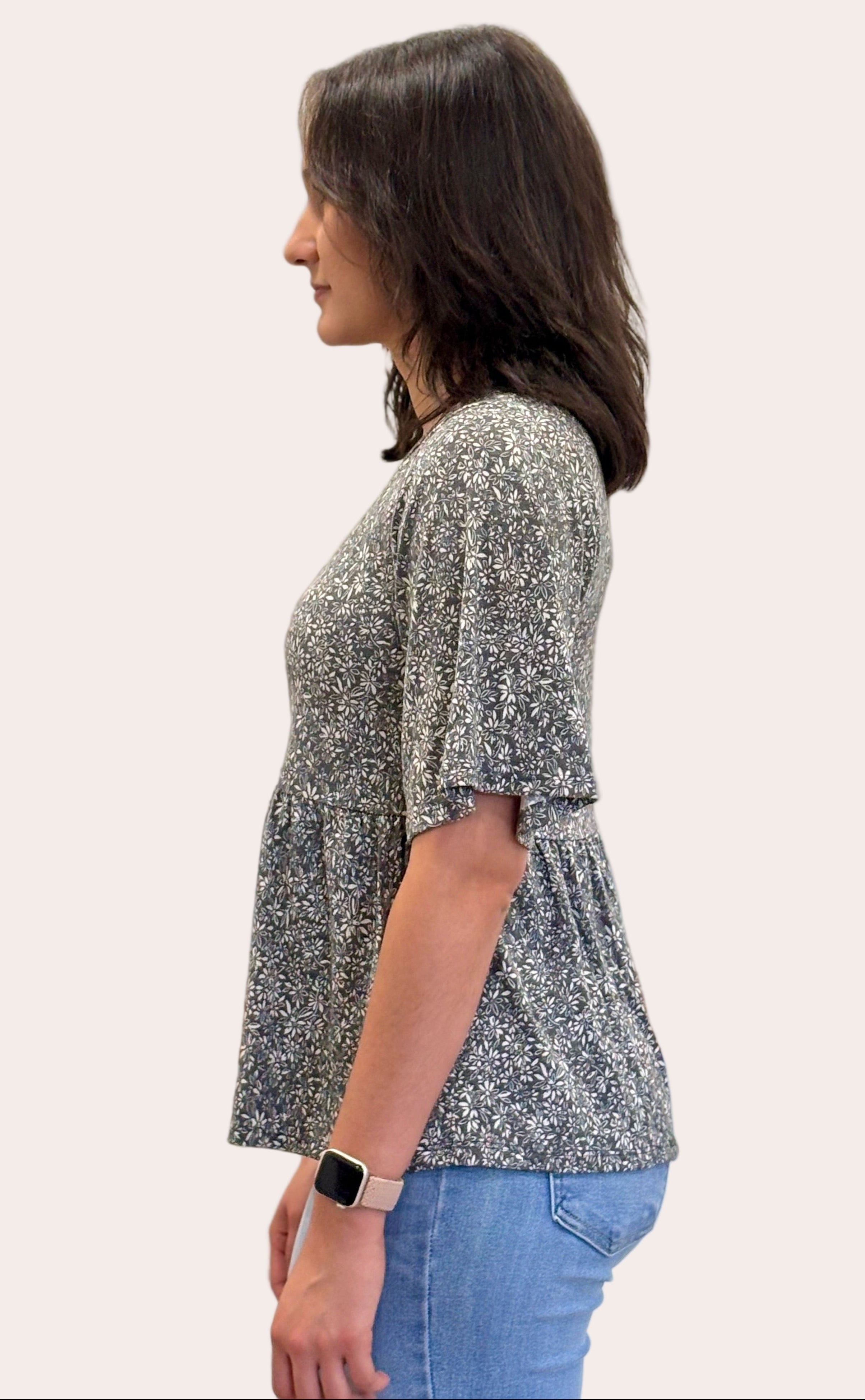 Ditsy Floral Babydoll Knit Top — soft floral print knit blouse with round neckline and ¾ sleeves from Justyna Grace Boutique.