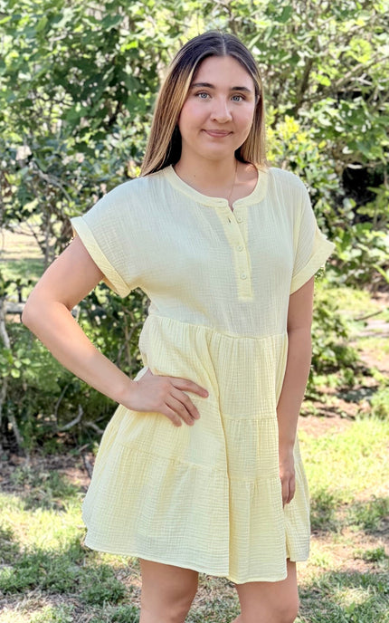 Lightweight double gauze cotton mini dress with babydoll silhouette and tiered ruffle hem