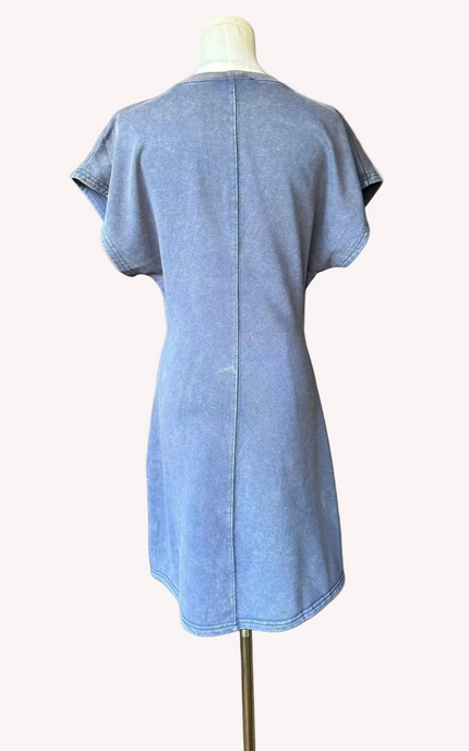 Terry mini dress in washed driftwood blue — casual feminine everyday style with tie waist from Justyna Grace Boutique