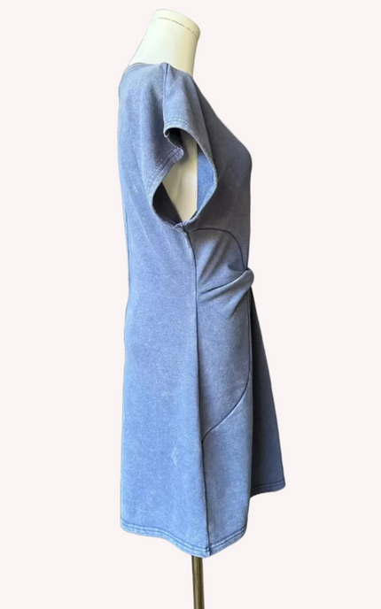 Terry mini dress in washed driftwood blue - casual feminine everyday style with tie waist from Justyna Grace Boutique.
