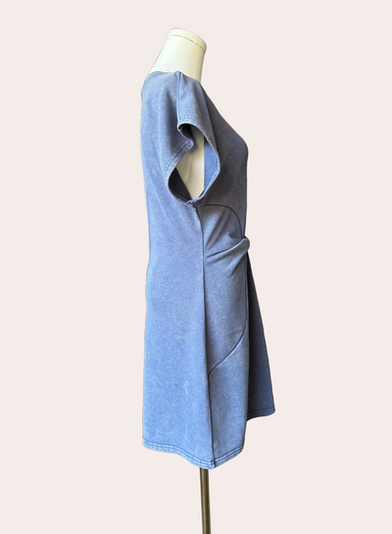 Terry mini dress in washed driftwood blue - casual feminine everyday style with tie waist from Justyna Grace Boutique.