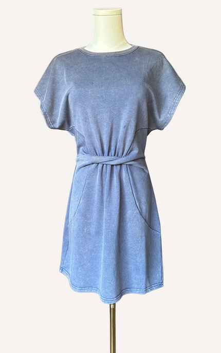 Terry mini dress in washed driftwood blue - casual feminine everyday style with tie waist from Justyna Grace Boutique.