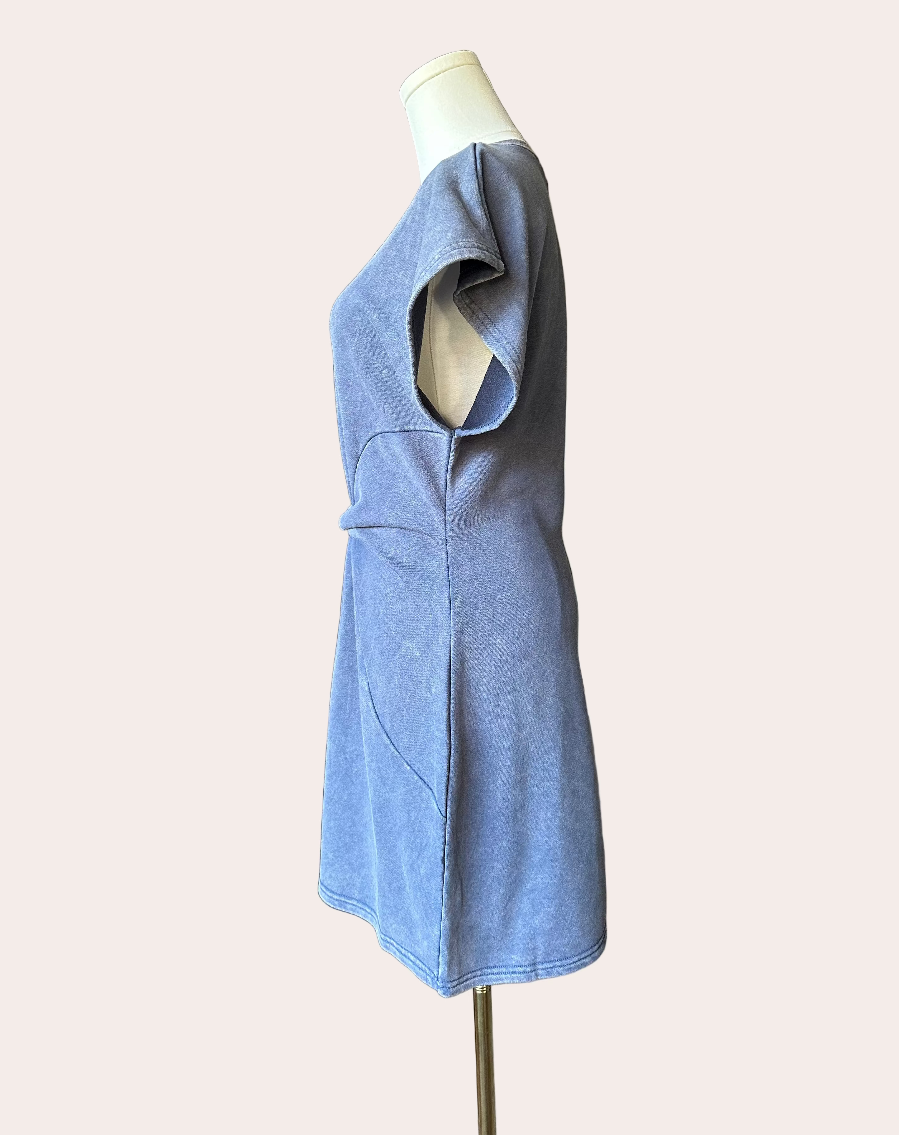 Terry mini dress in washed driftwood blue — casual feminine everyday style with tie waist from Justyna Grace Boutique