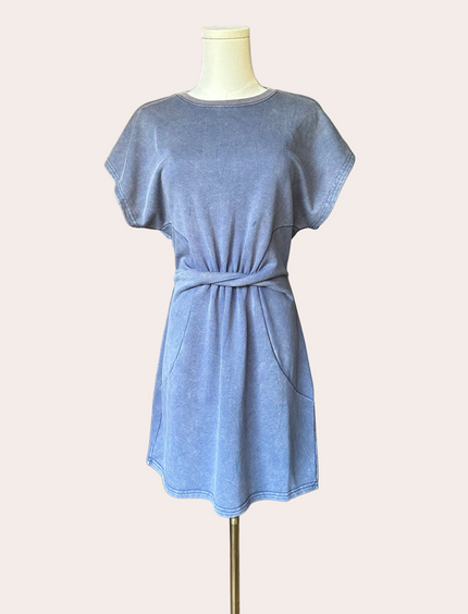 Terry mini dress in washed driftwood blue - casual feminine everyday style with tie waist from Justyna Grace Boutique.