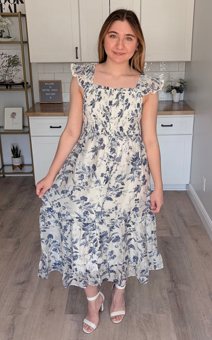 Eden floral midi dress in Tencel blend with smocked bodice and ruffle straps