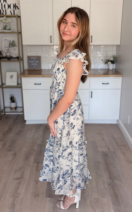 Eden floral midi dress in Tencel blend with smocked bodice and ruffle straps