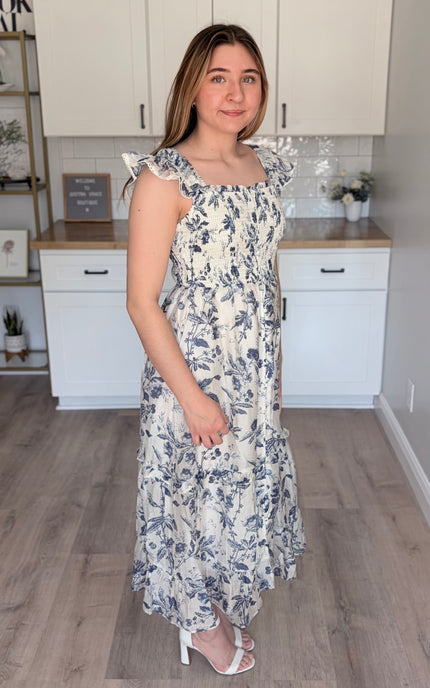 Eden floral midi dress in Tencel blend with smocked bodice and ruffle straps