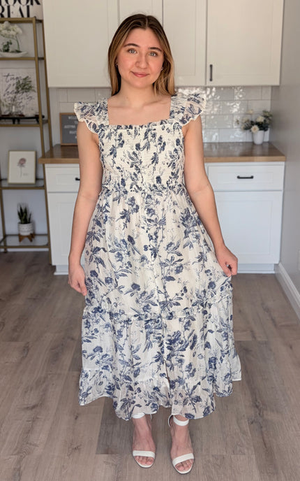 Eden floral midi dress in Tencel blend with smocked bodice and ruffle straps