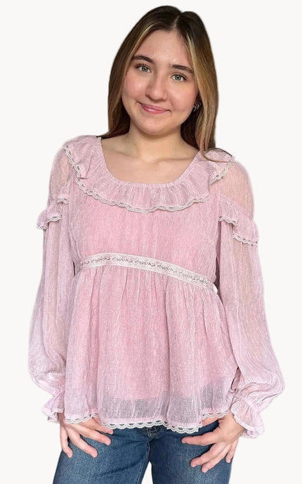 Eleanor crinkle chiffon peasant blouse styled with denim for a soft, romantic everyday look
