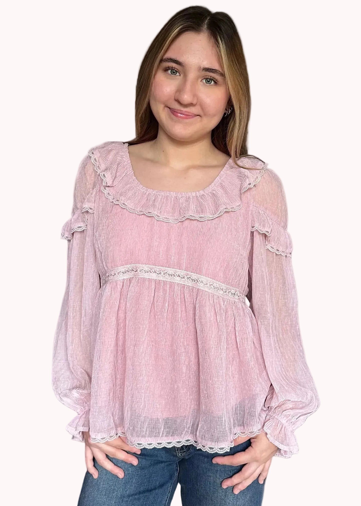 Eleanor crinkle chiffon peasant blouse styled with denim for a soft, romantic everyday look
