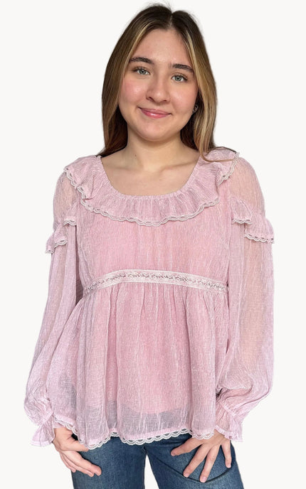 Front view of the Eleanor peasant blouse with relaxed fit and lightweight chiffon fabric