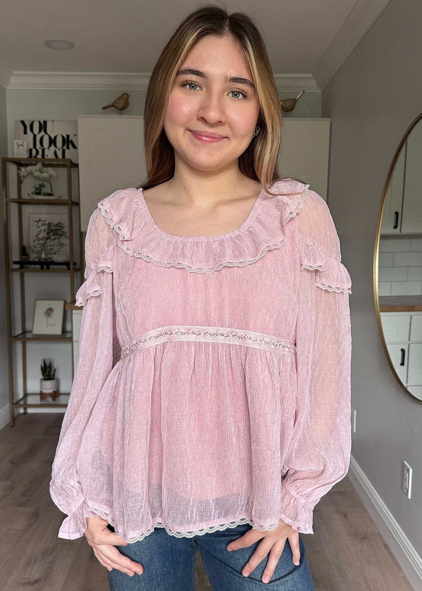 Front view of the Eleanor peasant blouse with relaxed fit and lightweight chiffon fabric