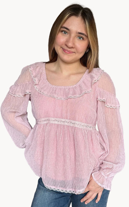 Front view of the Eleanor peasant blouse with relaxed fit and lightweight chiffon fabric