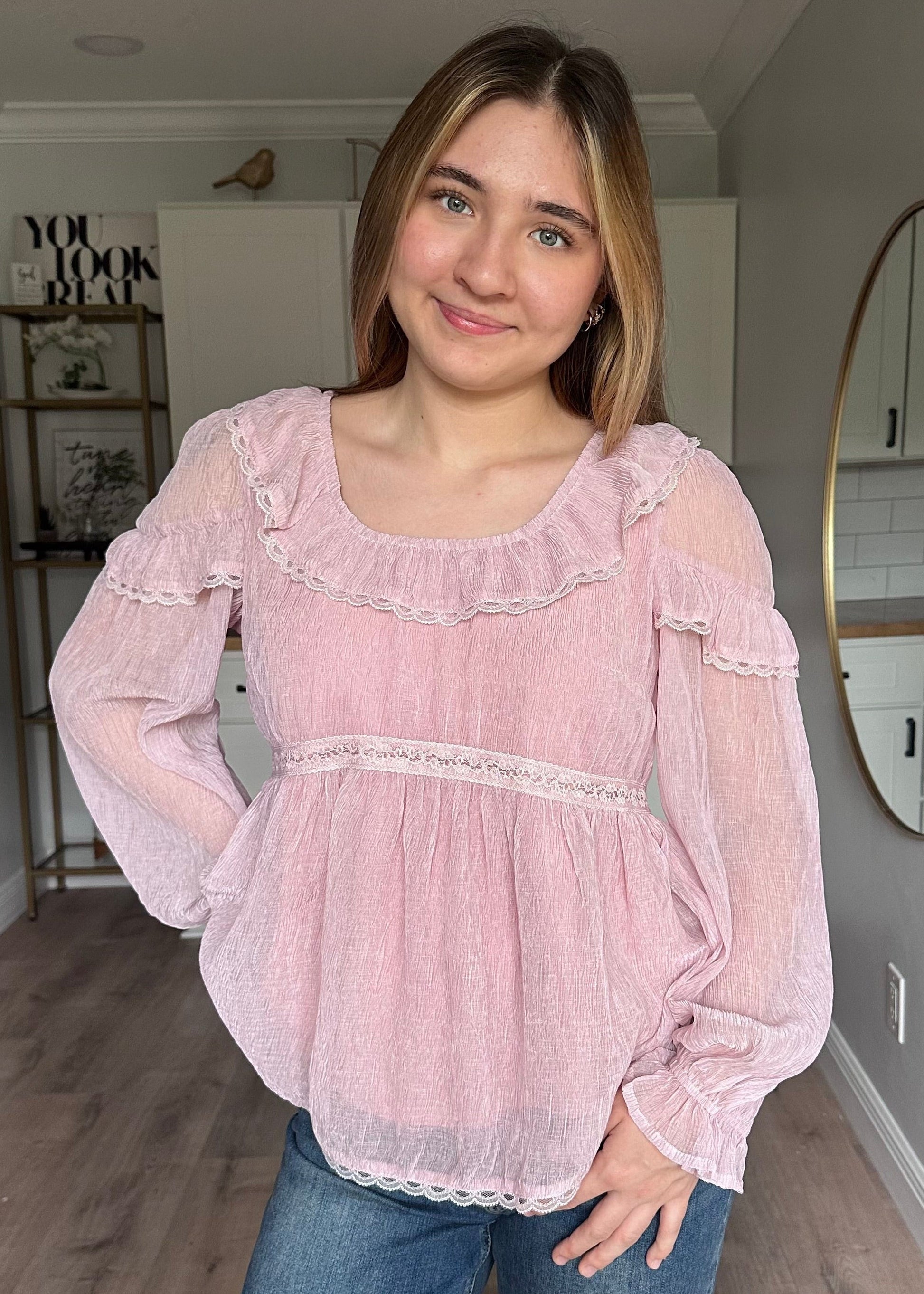 Front view of the Eleanor peasant blouse with relaxed fit and lightweight chiffon fabric