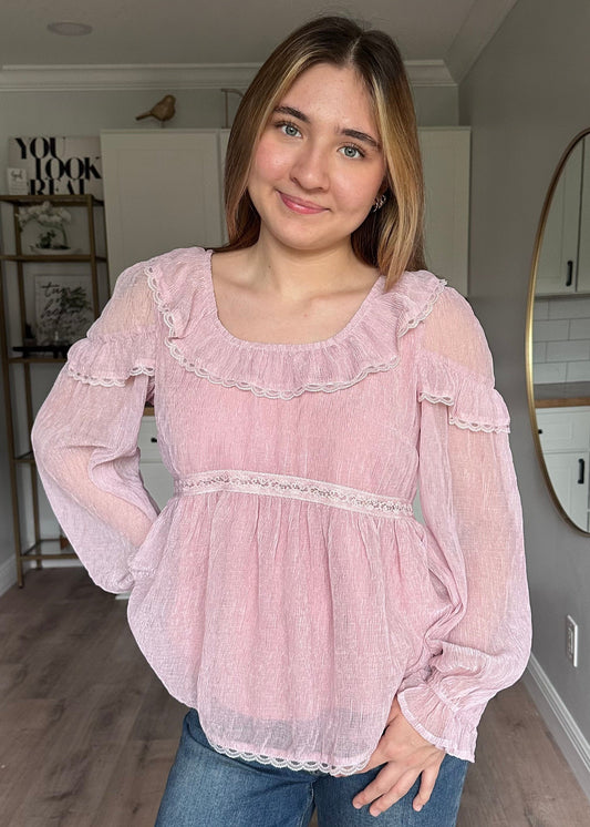 Front view of the Eleanor peasant blouse with relaxed fit and lightweight chiffon fabric