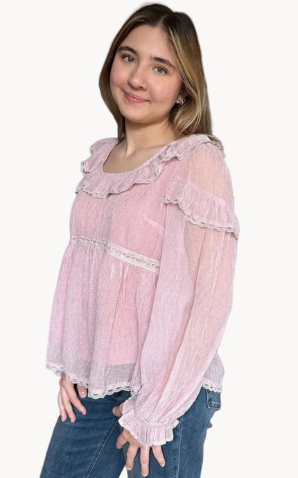 Side view of the Eleanor crinkle chiffon blouse showing airy drape and flowy long puff sleeves