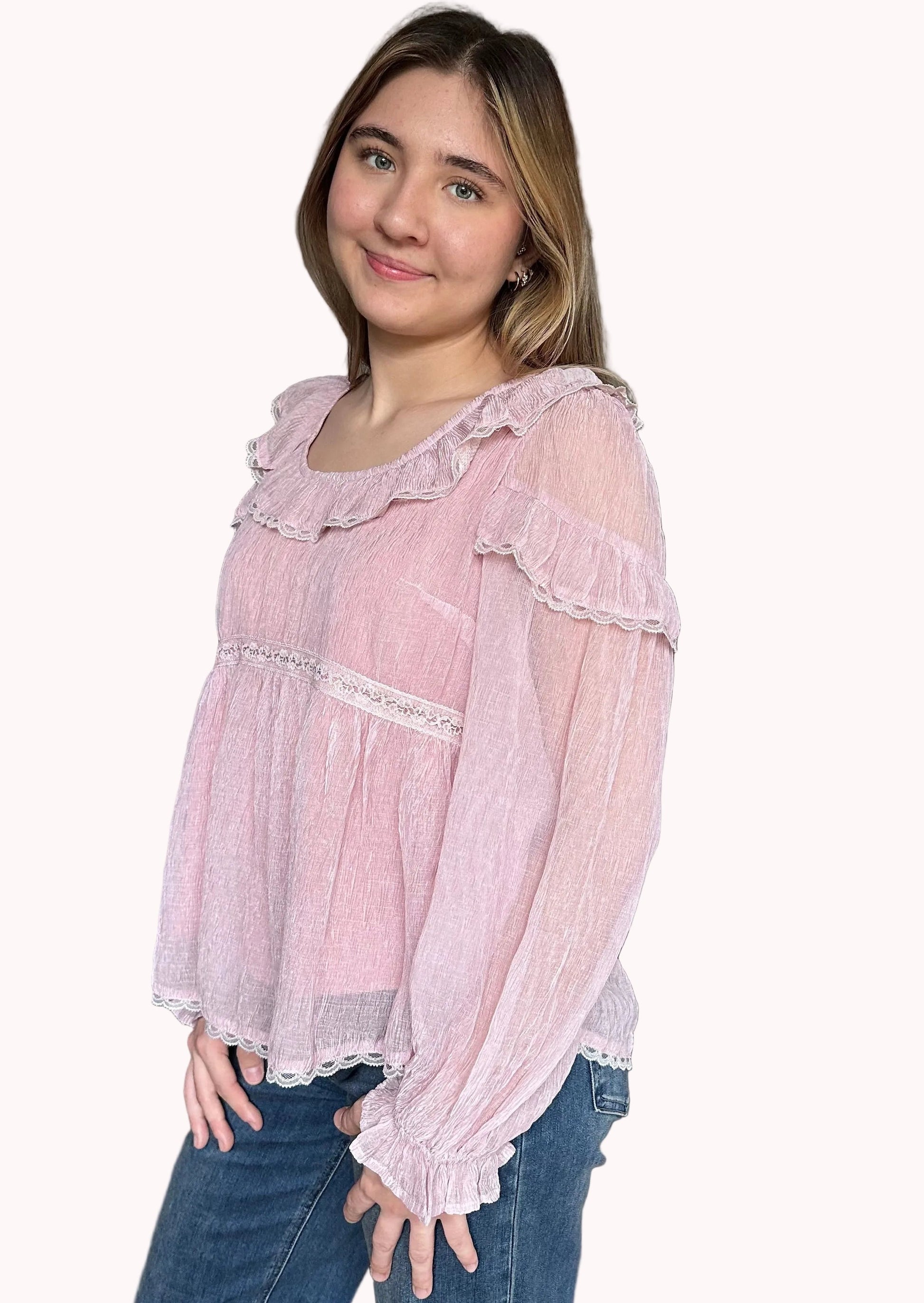 Side view of the Eleanor crinkle chiffon blouse showing airy drape and flowy long puff sleeves