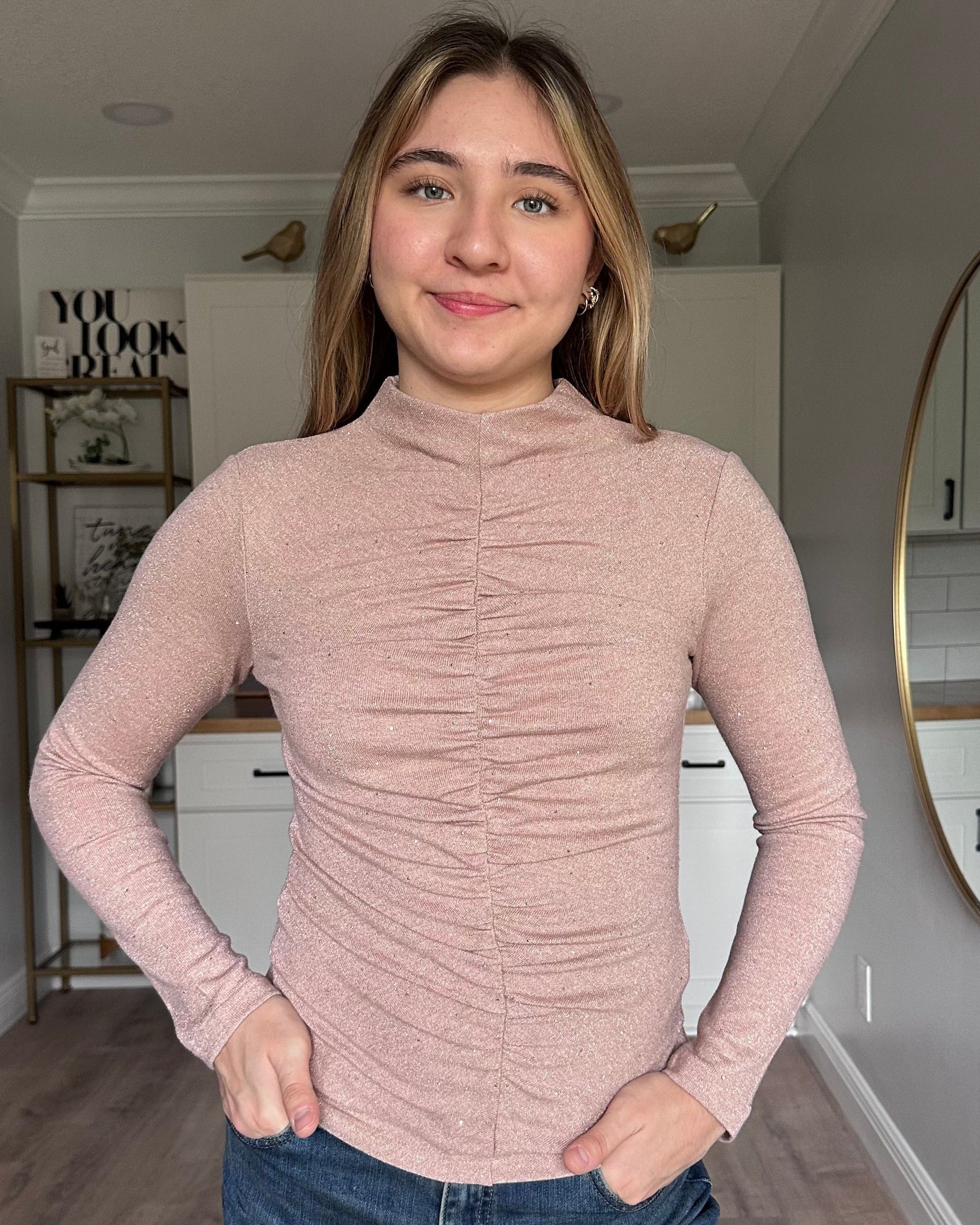 Elena ruched mock neck top with fitted silhouette and subtle shimmer woven throughout