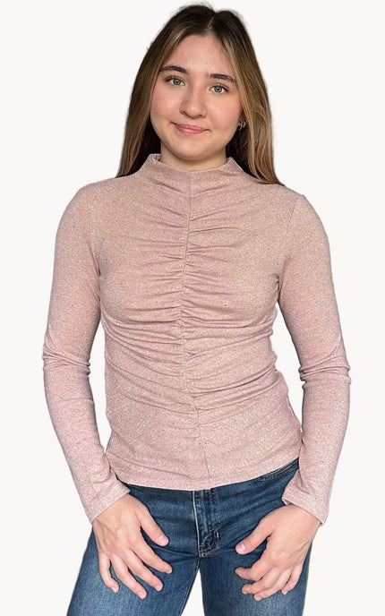 Elena ruched mock neck top with fitted silhouette and subtle shimmer woven throughout