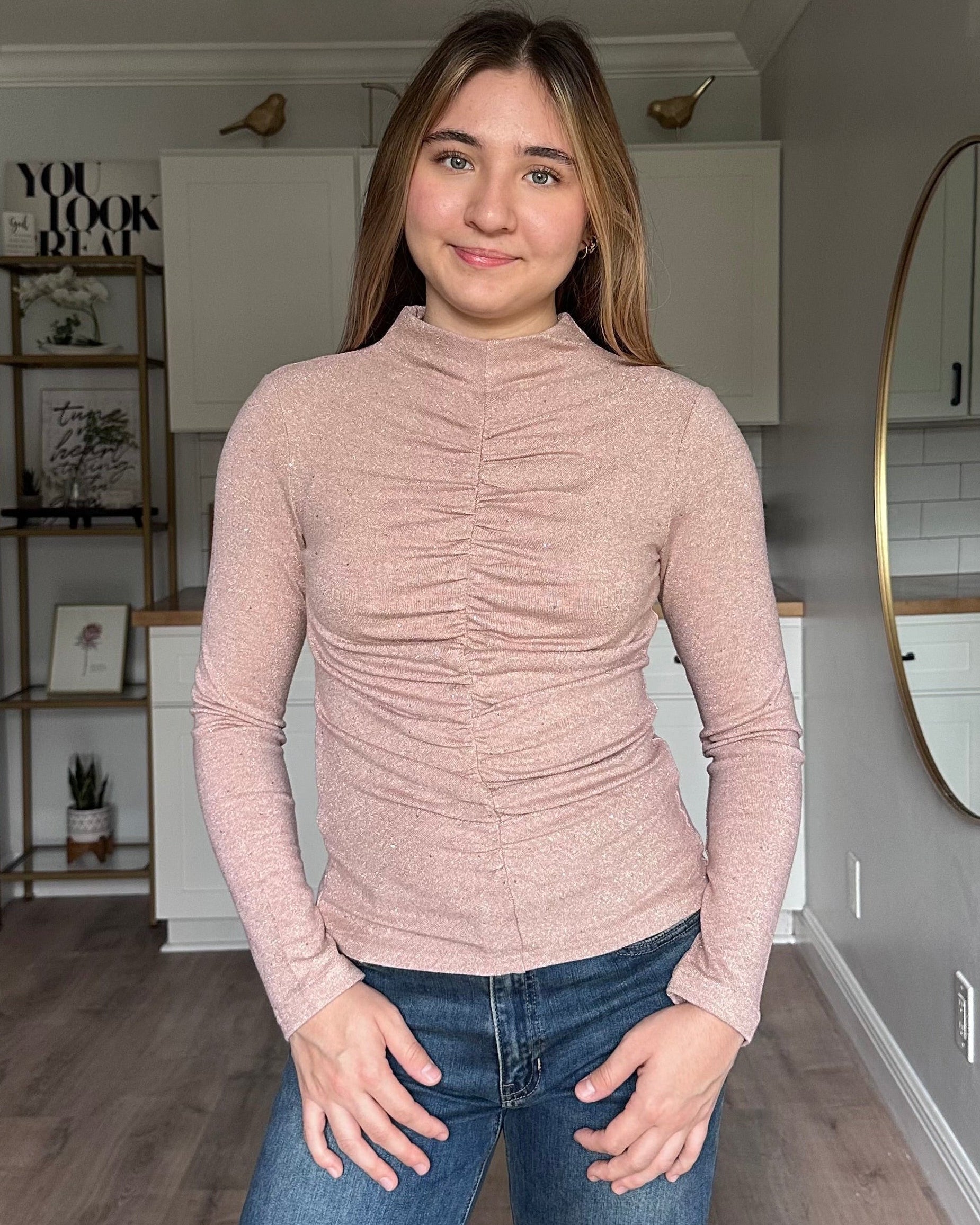 Elena ruched mock neck top with fitted silhouette and subtle shimmer woven throughout