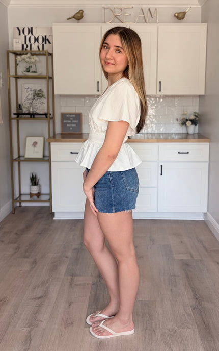 Elise eyelet cotton blouse side view with V neckline and button down detail