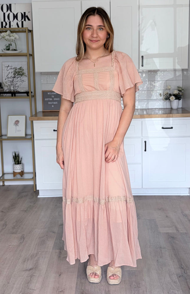 Front view of Elise lace gauze maxi dress in lightweight cotton with flutter sleeves