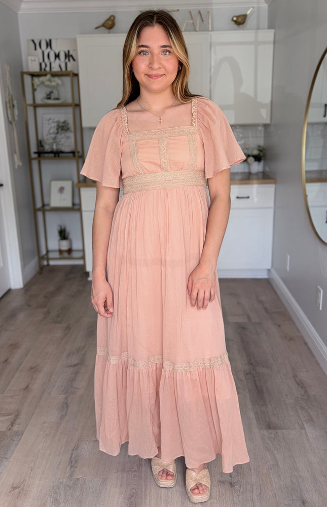 Elise lace gauze maxi dress in lightweight cotton with flutter sleeves