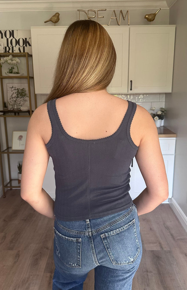 Elise blue button down pointelle tank with scalloped trim