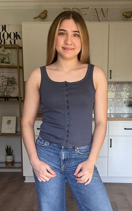 Elise blue button down pointelle tank with scalloped trim