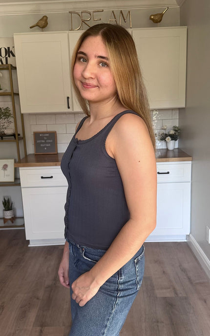 Blue ribbed pointelle knit tank with pearlescent buttons