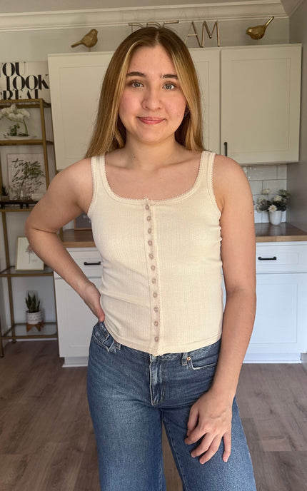 Elise cream button down pointelle tank with scalloped trim