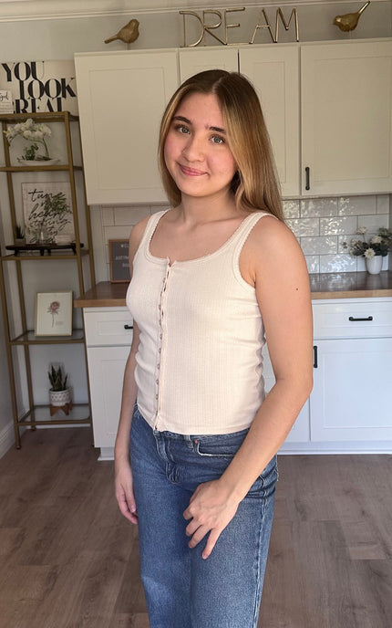 Elise cream pointelle tank styled with high-rise denim
