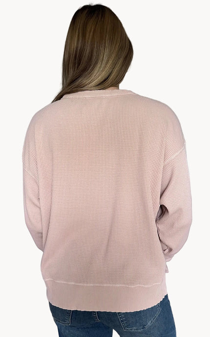 Back view of the Eliza drop shoulder knit top with a casual, lived-in silhouette