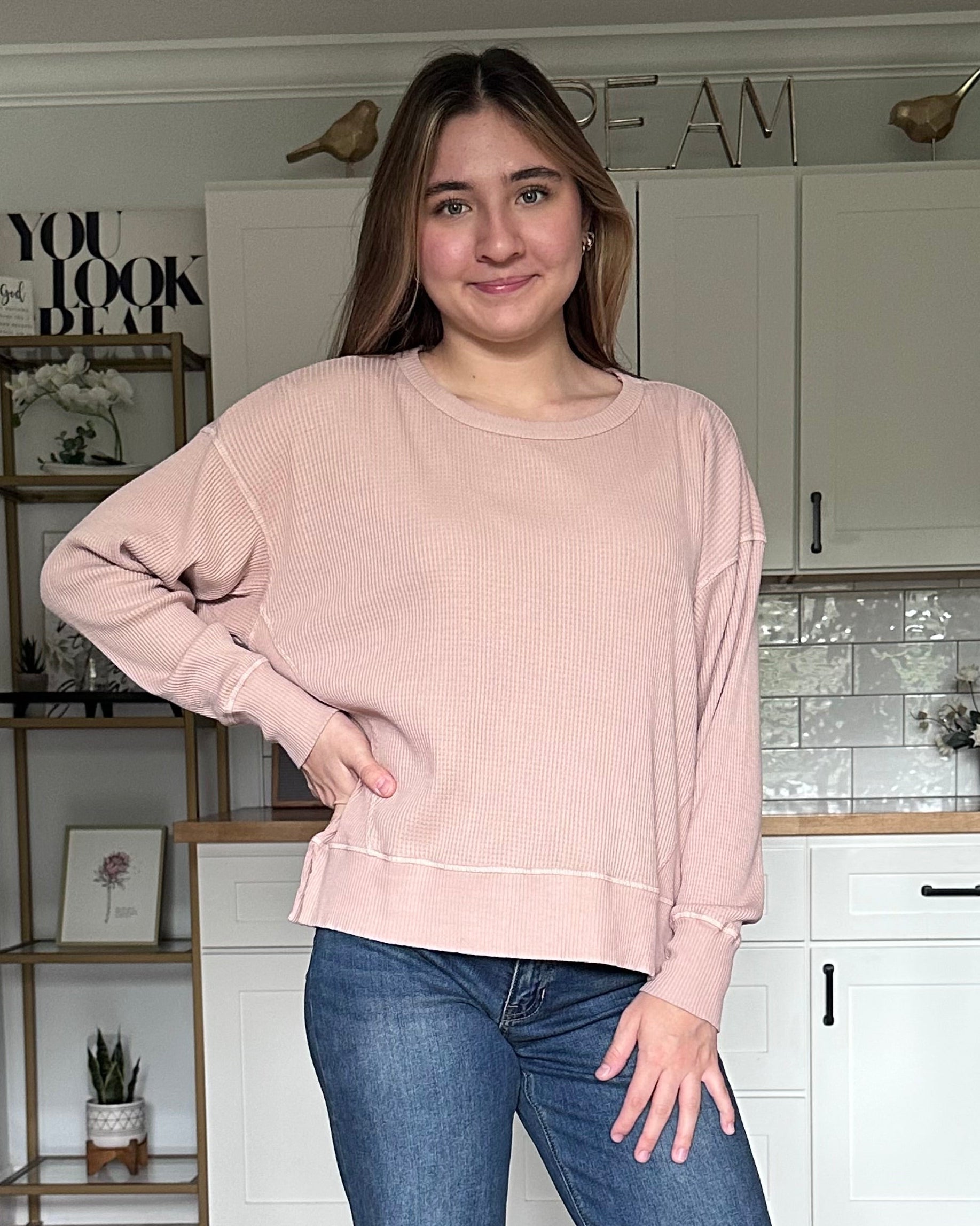 Eliza drop shoulder knit top with relaxed scoop neckline and soft cotton knit fabric