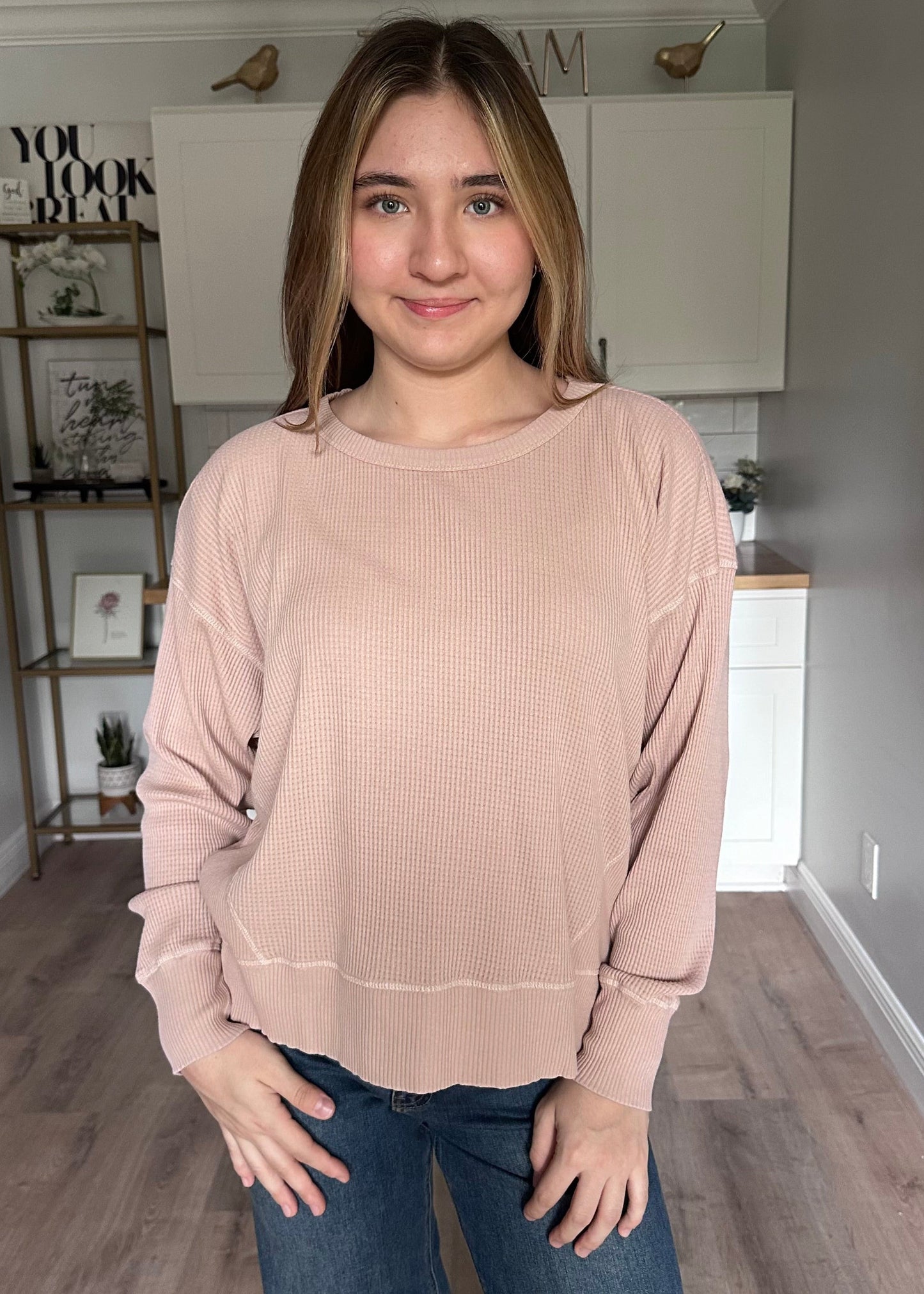 Eliza drop shoulder knit top with relaxed scoop neckline and soft cotton knit fabric