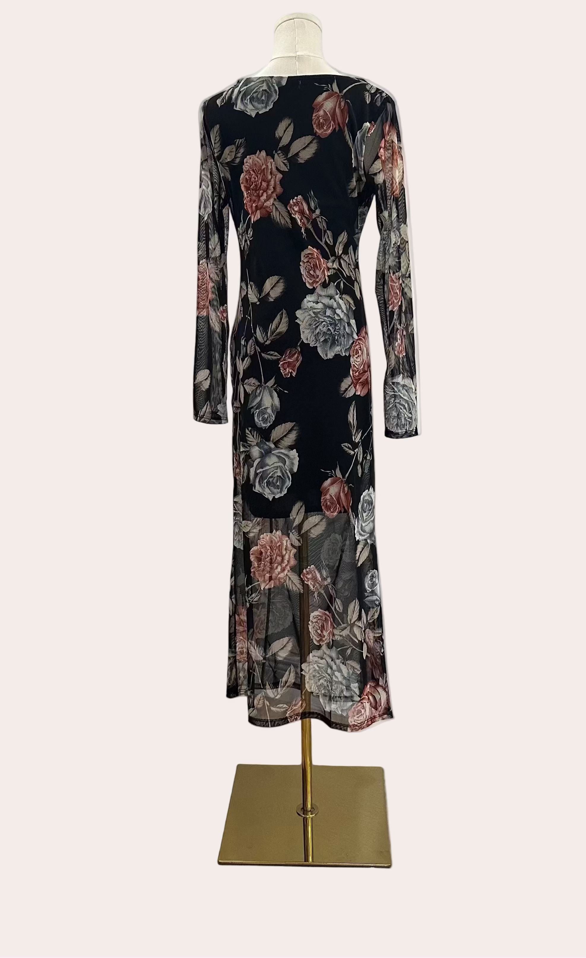 Evening Poise Dress – black floral long-sleeve maxi with elegant silhouette – Justyna Grace Boutique