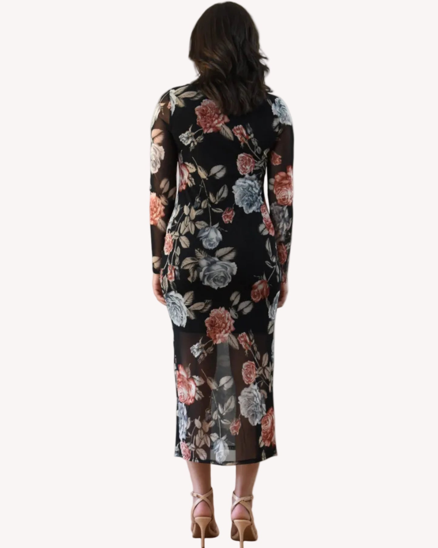 Evening Poise Dress — elegant floral print midi with sleek silhouette and back slit from Justyna Grace Boutique.