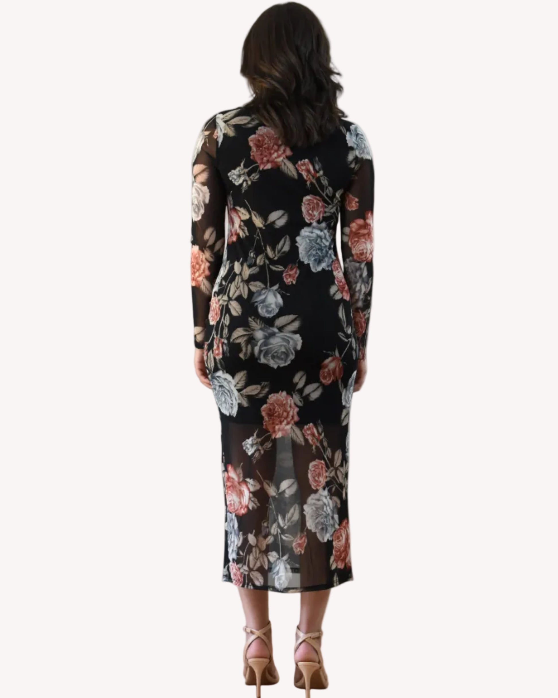 Evening Poise Dress — elegant floral print midi with sleek silhouette and back slit from Justyna Grace Boutique.