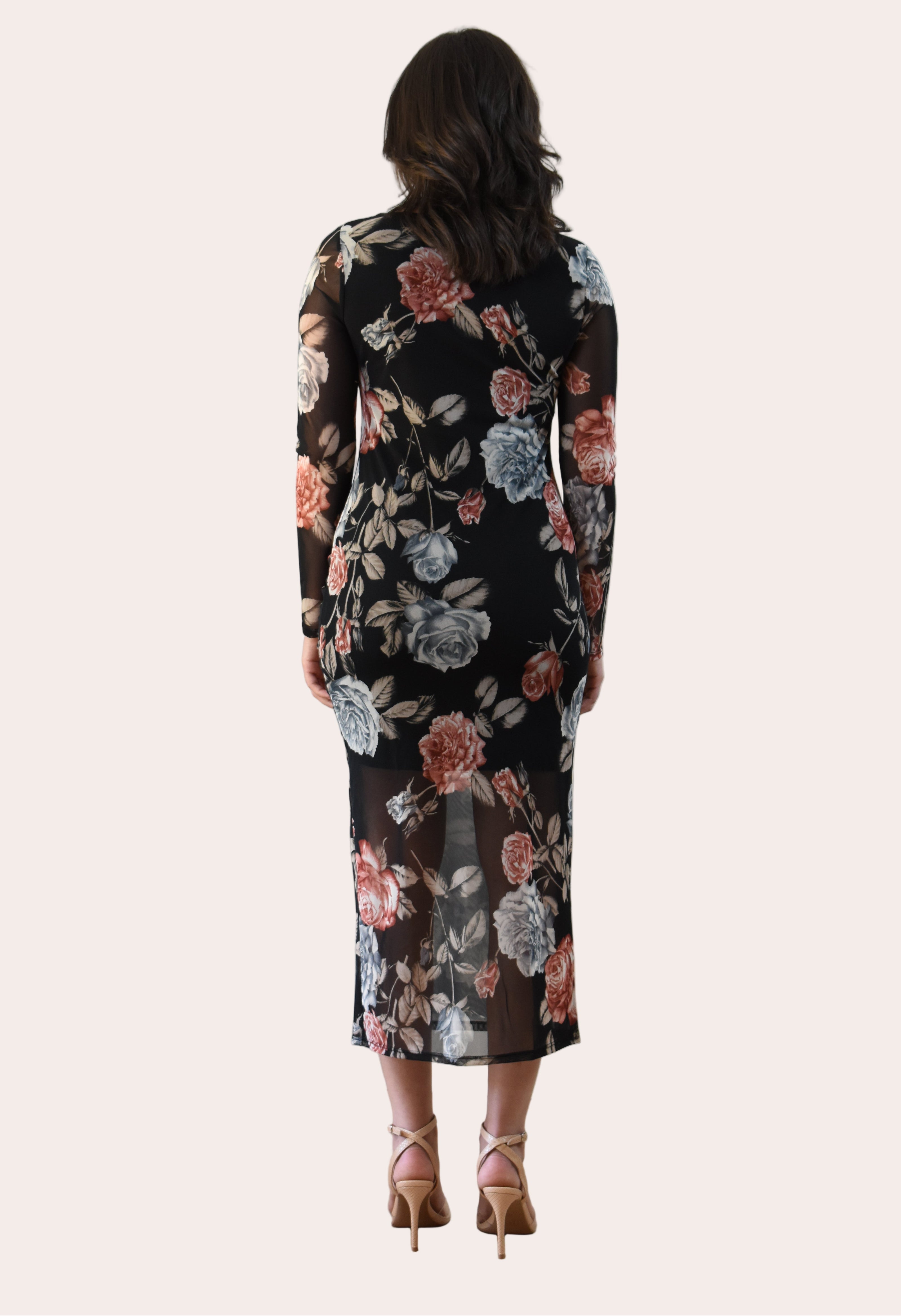Evening Poise Dress — elegant floral print midi with sleek silhouette and back slit from Justyna Grace Boutique.
