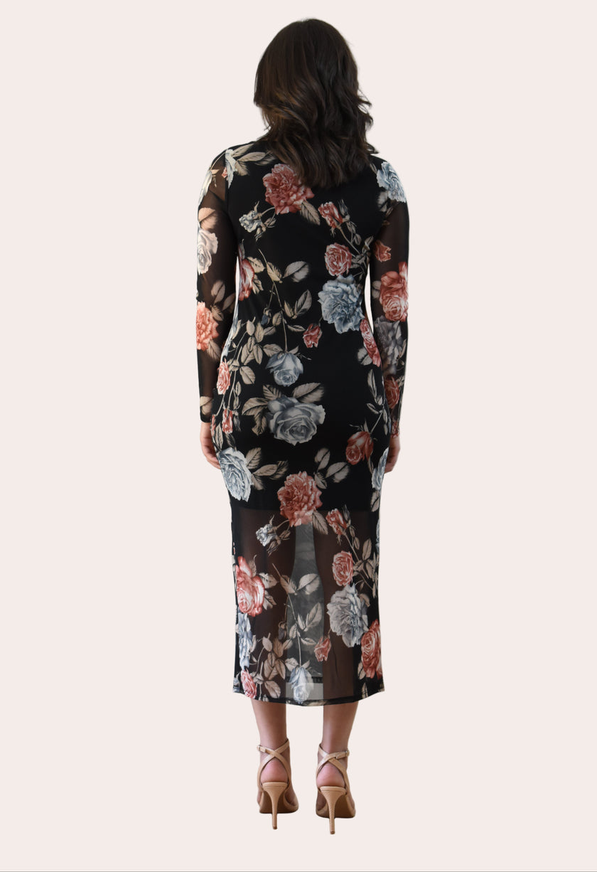 Evening Poise Dress — elegant floral print midi with sleek silhouette and back slit from Justyna Grace Boutique.
