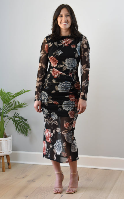 Evening Poise Dress — elegant floral print midi with sleek silhouette and back slit from Justyna Grace Boutique.