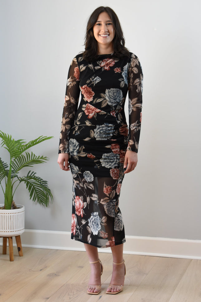 Evening Poise Dress — elegant floral print midi with sleek silhouette and back slit from Justyna Grace Boutique.