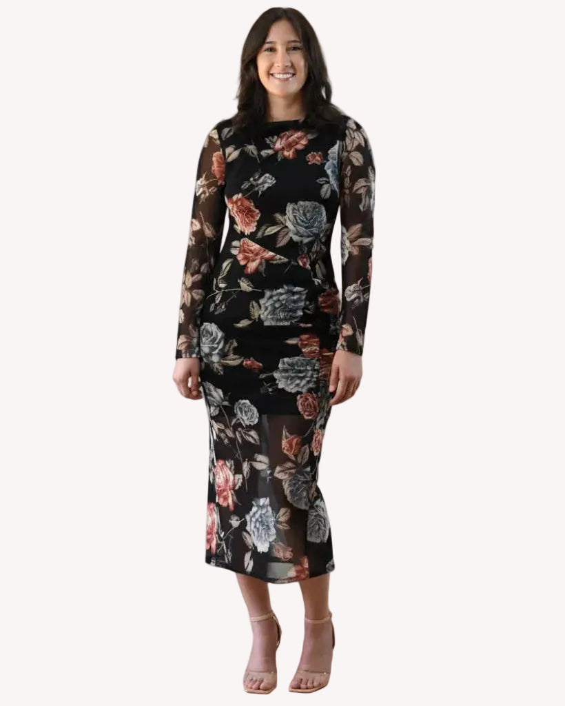 Evening Poise Dress — elegant floral print midi with sleek silhouette and back slit from Justyna Grace Boutique.