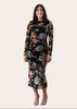 Evening Poise Dress — elegant floral print midi with sleek silhouette and back slit from Justyna Grace Boutique.
