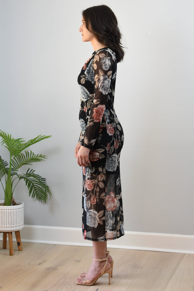 Evening Poise Dress — elegant floral print midi with sleek silhouette and back slit from Justyna Grace Boutique.