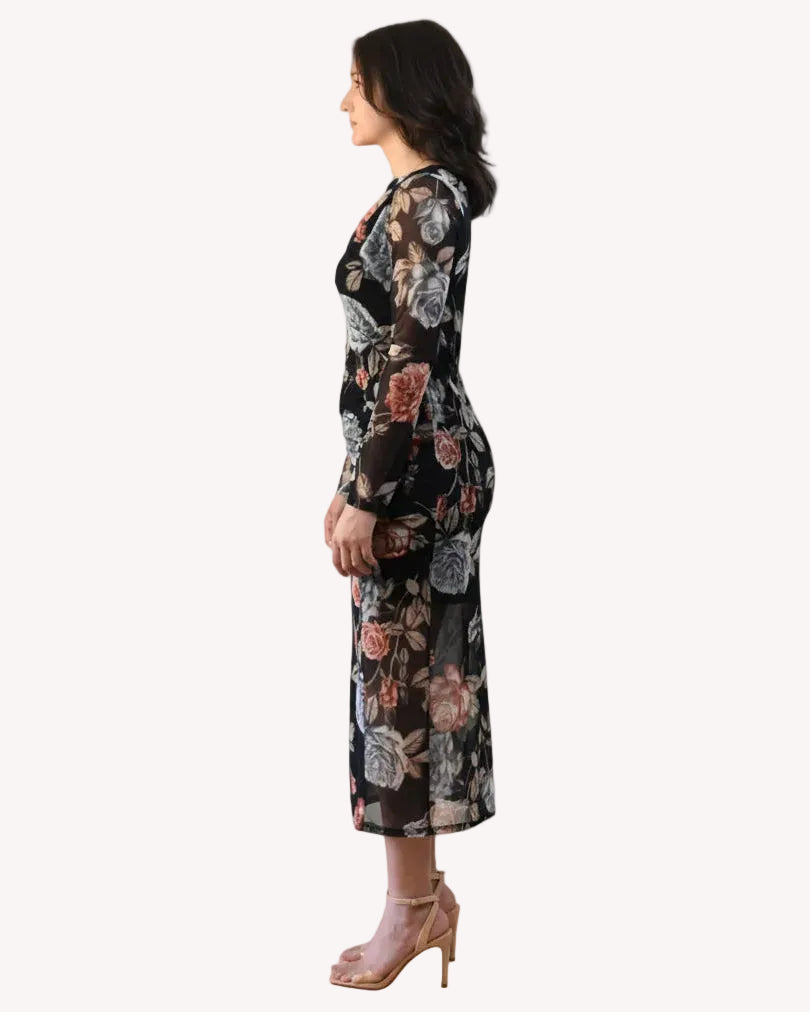 Evening Poise Dress — elegant floral print midi with sleek silhouette and back slit from Justyna Grace Boutique.