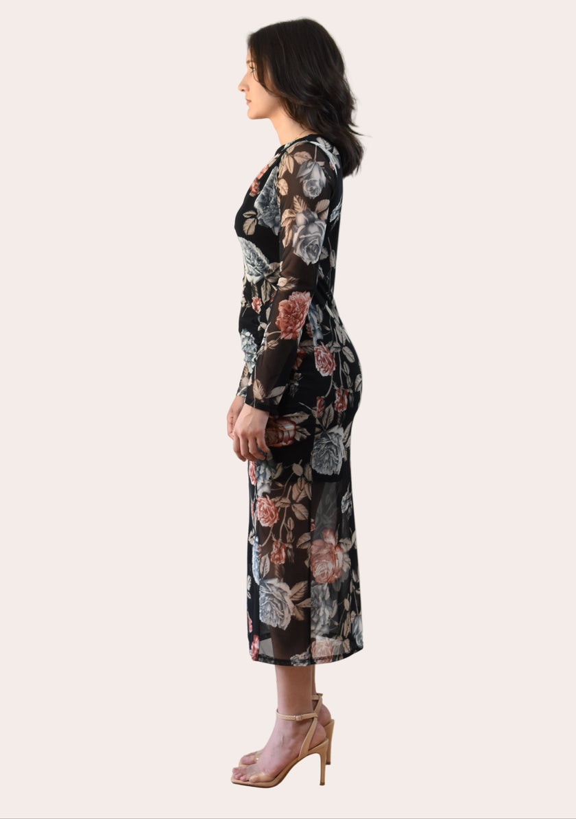 Evening Poise Dress — elegant floral print midi with sleek silhouette and back slit from Justyna Grace Boutique.