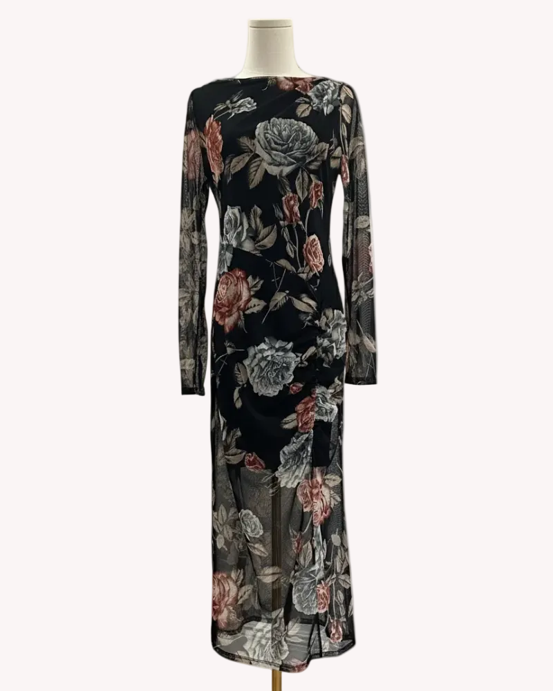 Evening Poise Dress – black floral long-sleeve maxi with elegant silhouette – Justyna Grace Boutique