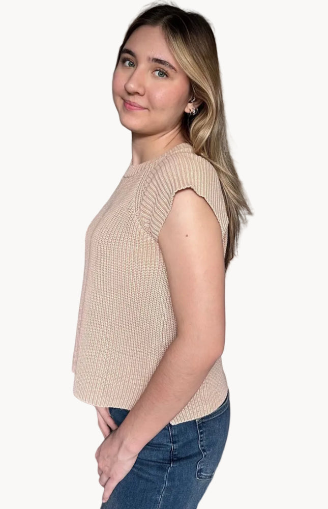 Side view of the everyday sweater tee highlighting short sweater sleeves and breathable cotton knit