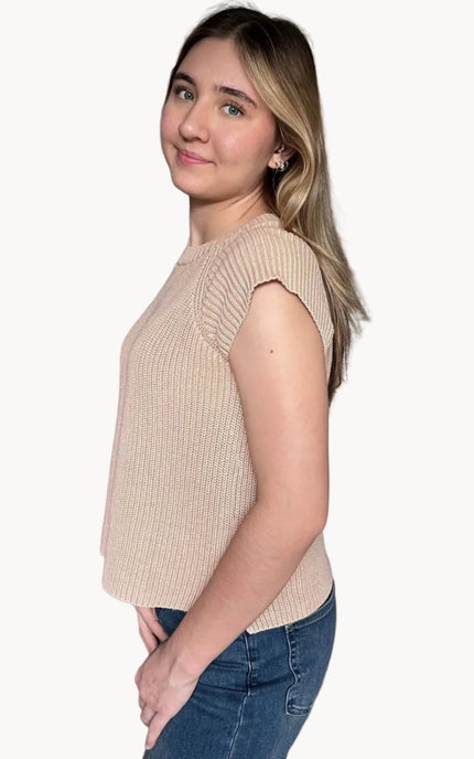 Side view of the everyday sweater tee highlighting short sweater sleeves and breathable cotton knit